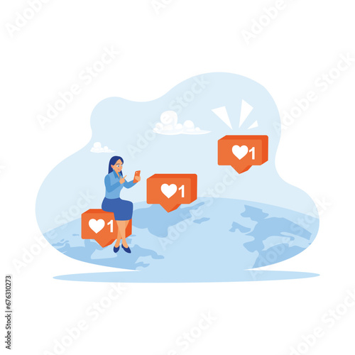 Happy woman typing instagram telegram on mobile phone. A woman is sitting on a block depicting a heart symbol on a world map. Web design concept. trend modern vector flat illustration