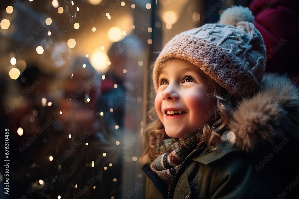 Small happy child stand on the street near a festive shop window decorated with New Year's garlands, Christmas holidays market with bokeh lights Small happy child stand on the street near a festive shop window decorated with New Year's garlands, Christmas holidays market with bokeh lights