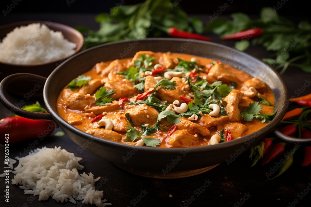 Thai Harmony: Chicken and Cashew Red Curry with Rice and Herbs