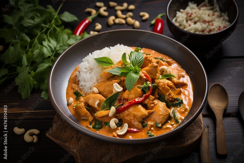 Thai Harmony: Chicken and Cashew Red Curry with Rice and Herbs
