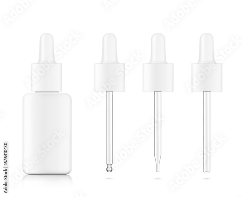 Pipette mockups for dropper bottle  isolated on white background. Vector illustration. Front view. Сan be used for cosmetic, medical and other needs. EPS10.