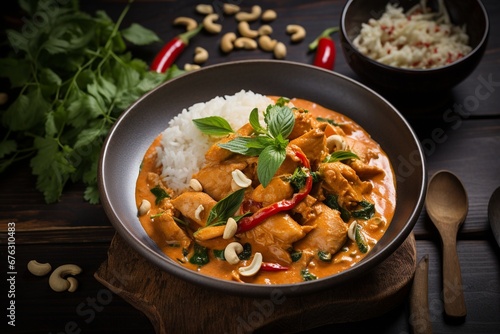 Thai Harmony: Chicken and Cashew Red Curry with Rice and Herbs