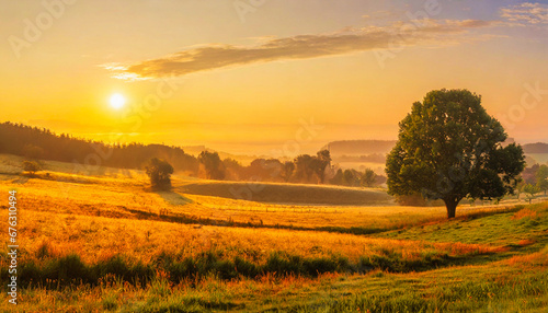 A peaceful panorama of glistening dewy meadows reflecting the mellow golden glow of an early morning sunrise