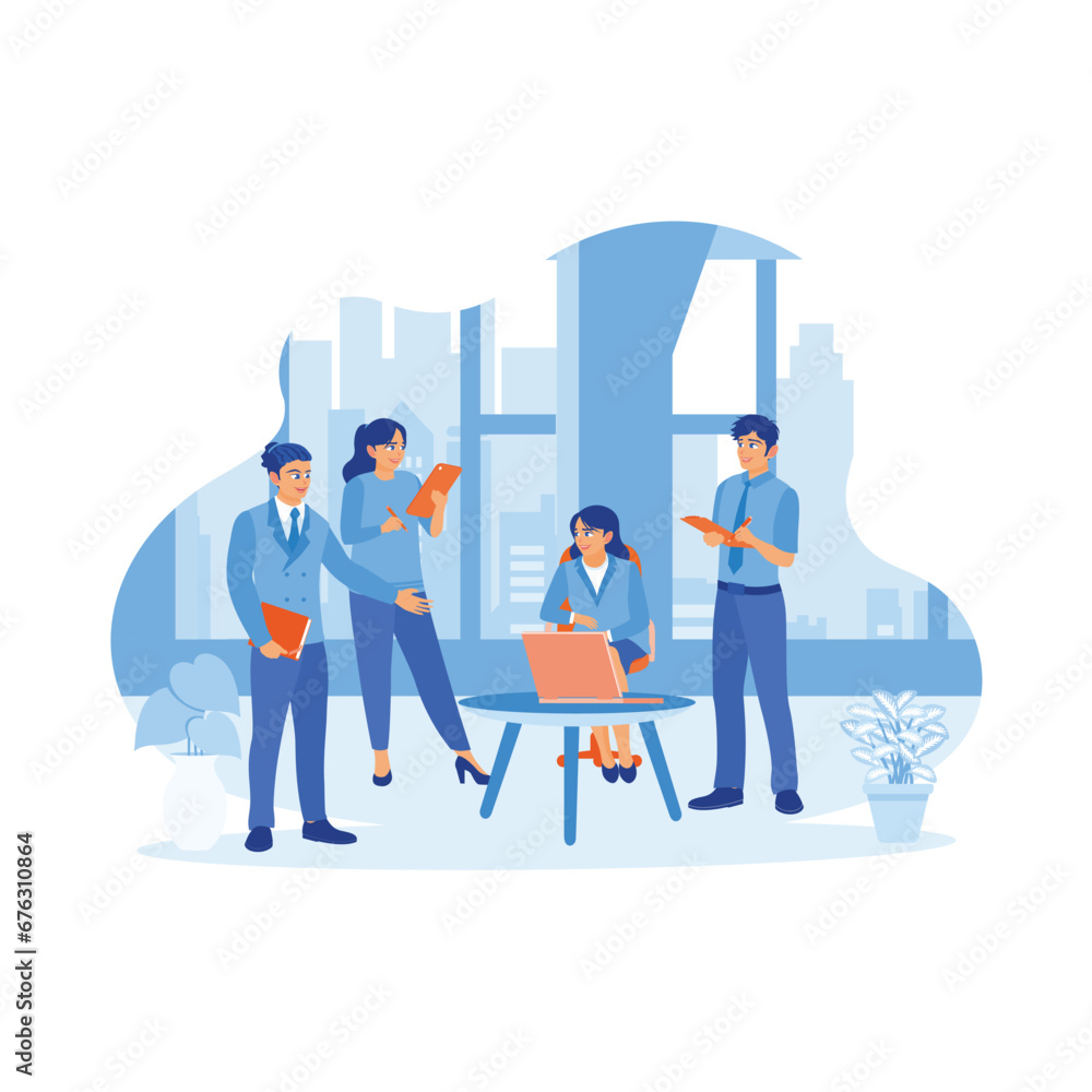 Diverse business people have meetings in the modern workspace. Using laptops and digital tablets during sessions. Business people in office workplace concept. Trend Modern vector flat illustration Diverse business people have meetings in the modern workspace. Using laptops and digital tablets during sessions. Business people in office workplace concept. Trend Modern vector flat illustration