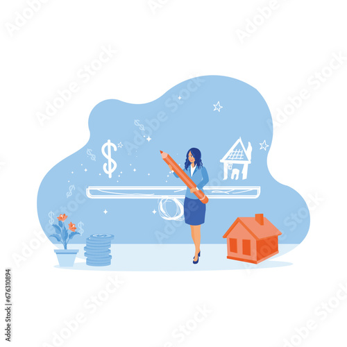 A mature woman is standing while holding a pencil. Create and draw money icons and house scales on the board. House Model Balance Equilibrium concept. Trend Modern vector flat illustration