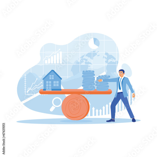 A businessman's hand points to a small house model and a pile of coins on a seesaw. Background graphics on the screen. House Model Balance Equilibrium concept. Trend Modern vector flat illustration