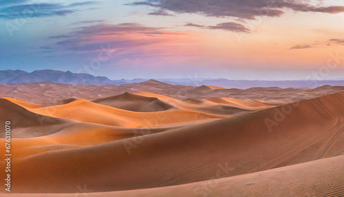 Panoramic shot of grand desert  the sweeping dunes smooth curves against backdrop of pastel twilight hues