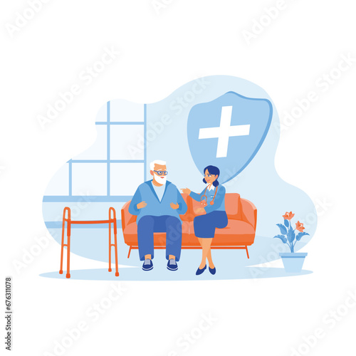 A young nurse and an old male patient are sitting on the sofa. A nurse examines a patient during recovery in a nursing home. Elderly patient concept. Trend Modern vector flat illustration