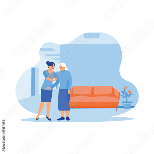 A young nanny helps an older woman practice walking in the house. The patient was cared for in a nursing home. Elderly patient concept. Trend Modern vector flat illustration