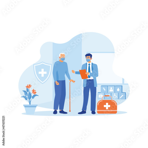 An elderly male patient wearing a mask visits a health clinic. She received support from young male doctors during the pandemic. Doctor Talking To Elderly Patient At Home concept. Trend Modern vector 