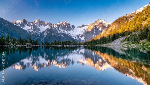 The calm surface a calm lake reflecting snow-capped mountain peaks at sunrise