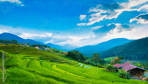 The emerald-green rice terraces of an Asian village, carving gentle patterns into the mountainside under a tranquil azure sky