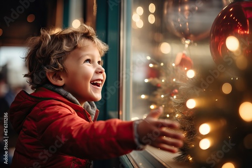 Small happy child stand on the street near a festive shop window decorated with New Year's garlands, Christmas holidays market with bokeh lights