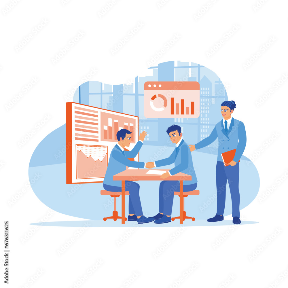 Business team having a meeting in modern office. Businessman shaking hands with coworker after reaching an agreement. New employees concept. trend modern vector flat illustration