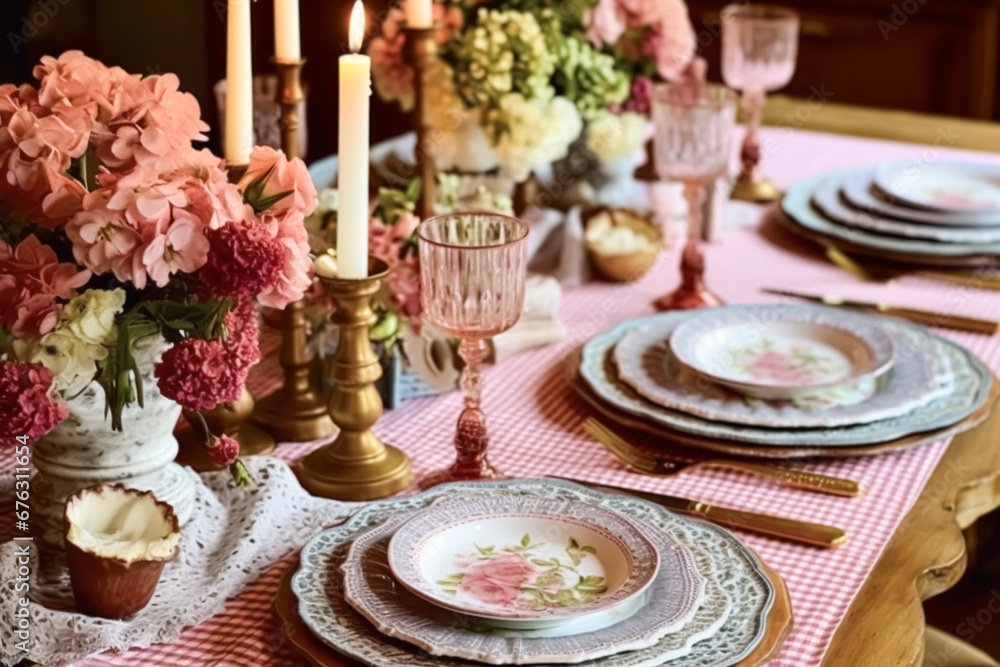 Romantic holiday tablescape, formal dinner table setting, table scape with pink country style decoration for wedding and event celebration, generative ai