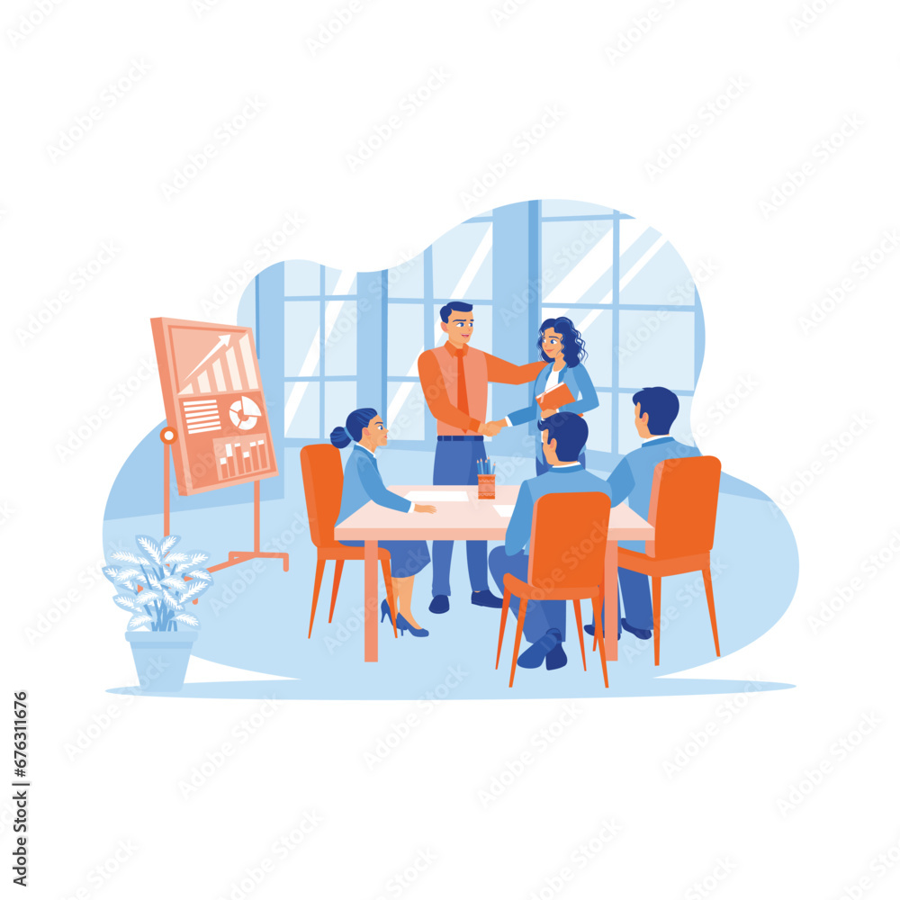 Businessman shaking hands with a new employee and introducing him to another work team during a meeting. New employees concept. trend modern vector flat illustration