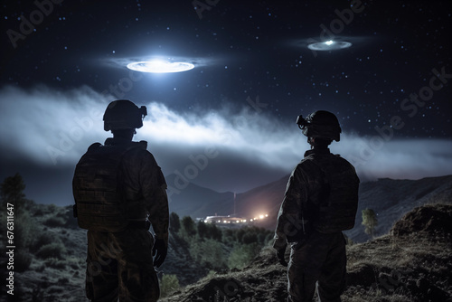 UFOs over a military base at night photo