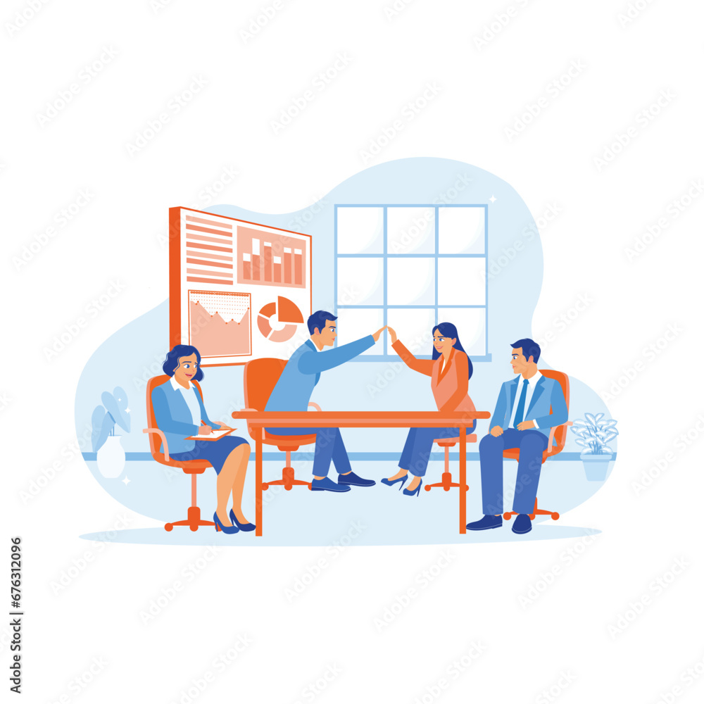 The businessman and his assistant are having a meeting with colleagues in the meeting room. Businessmen and colleagues high-five each other after reaching a mutual agreement. 