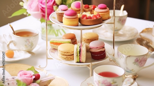Afternoon tea, English tradition and restaurant service, tea cups, cakes, scones, sanwiches and desserts, holiday table decor and afternoon tea stand with pink flowers, generative ai