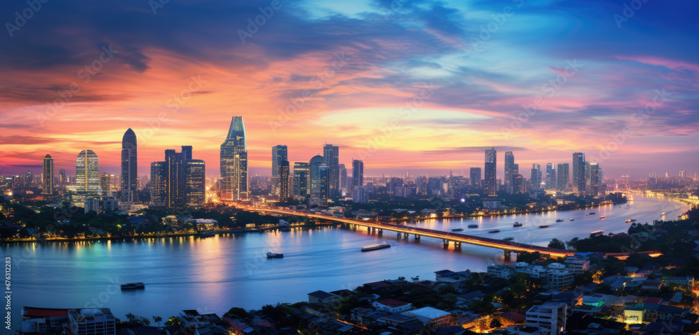 view of the city of bangkok before sunrise and Chao Phraya River