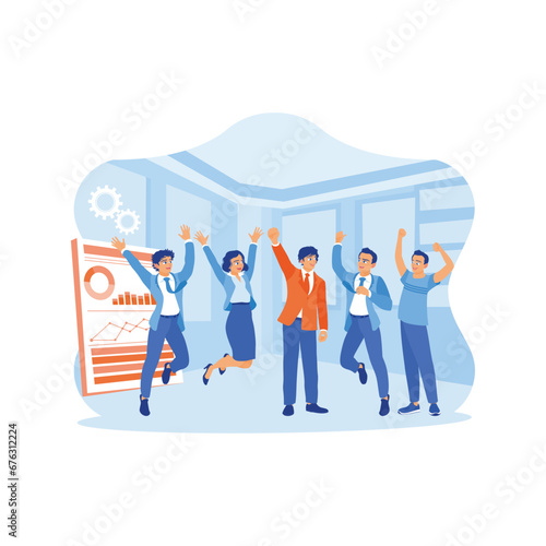 Diverse and happy business team raising hands and jumping in a meeting room. Celebrate business success and have fun together. Celebrating concept. trend modern vector flat illustration