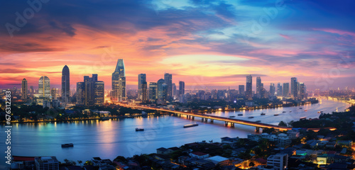 view of the city of bangkok before sunrise and Chao Phraya River