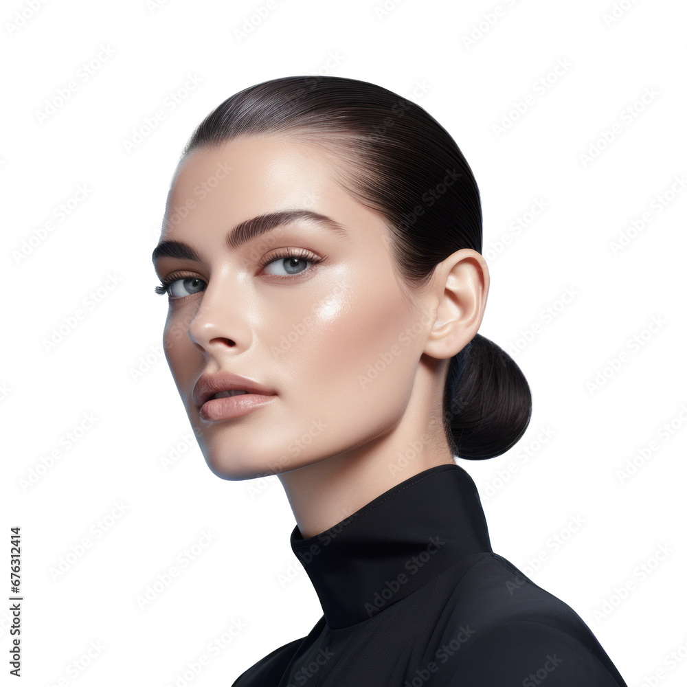 Portrait of fashion, a model of a woman looking into the camera on a transparent background, wearing a black blouse with her hair pulled back. Portrait of fashion, a model of a woman looking into the camera on a transparent background, wearing a black blouse with her hair pulled back.