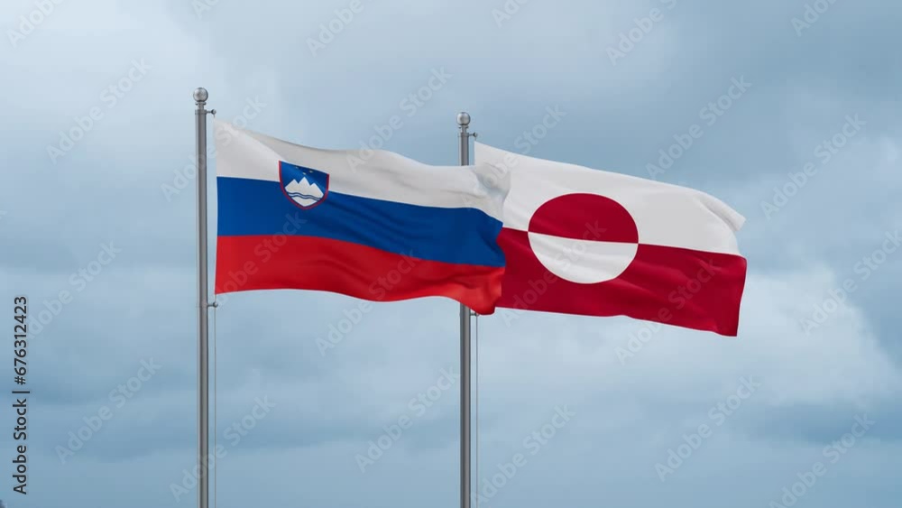 Greenland flag and Slovenia flag waving together on cloudy sky, endless seamless loop, two country relations concept Greenland flag and Slovenia flag waving together on cloudy sky, endless seamless loop, two country relations concept