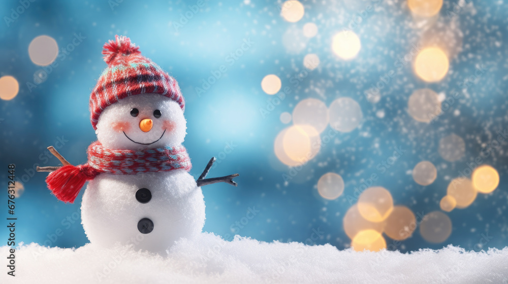Winter holiday christmas background banner - Closeup of cute funny laughing snowman with wool hat and scarf