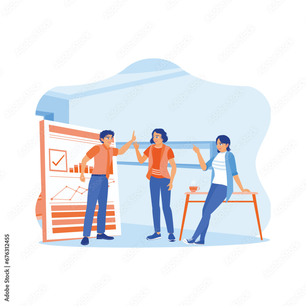 Naklejka premium Happy young businessman standing near whiteboard during a meeting in office. Give high fives to colleagues for work success achieved. Happy business people are celebrating success at the company 