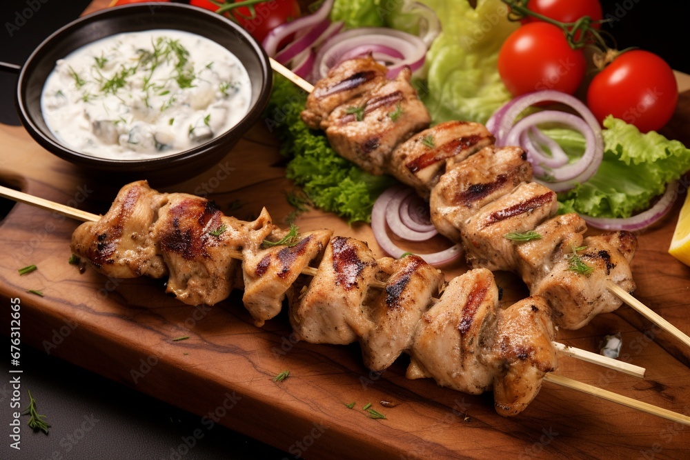 Mediterranean Delight: Greek Chicken Souvlaki with Tzatziki Sauce (Top View)