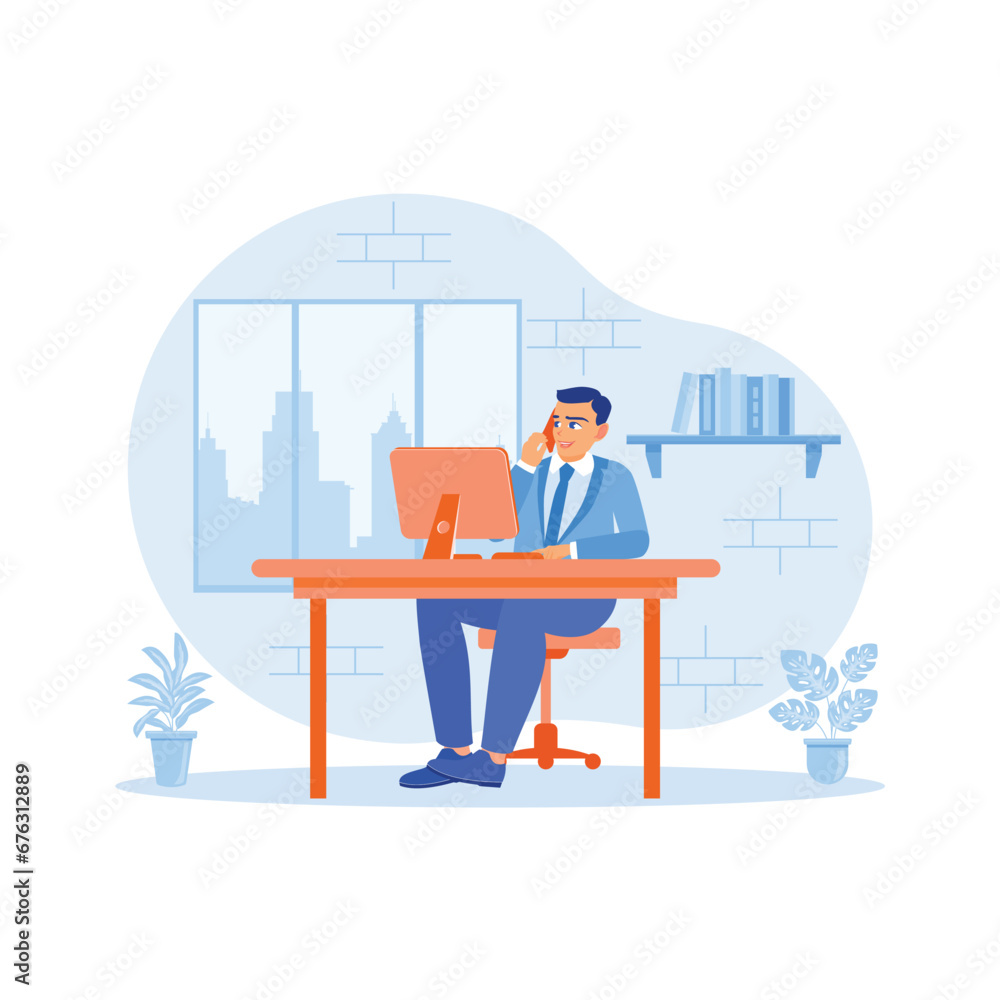 Young business male executive busy working in front of a computer. Make calls with clients using cell phones and computers. Employee Making concept. Trend Modern vector flat illustration