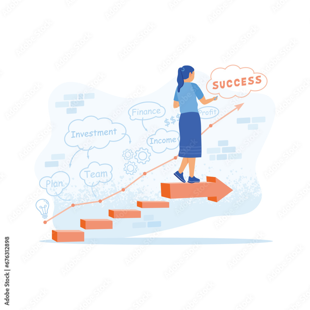 Young woman walking on stairs. Draw a strategy plan for success on the wall. Career Development Concept. trend modern vector flat illustration Young woman walking on stairs. Draw a strategy plan for success on the wall. Career Development Concept. trend modern vector flat illustration