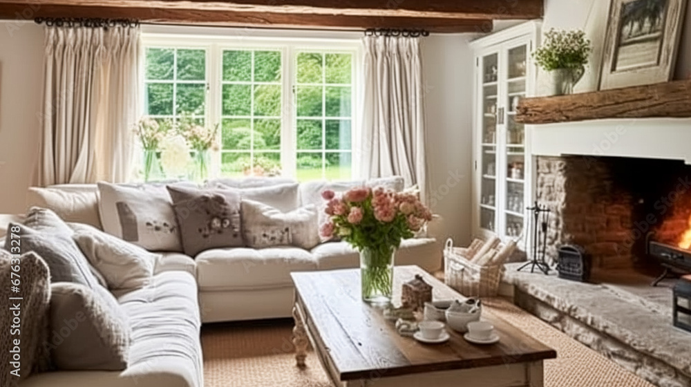 Farmhouse cottage interior design, home decor, sitting room and living room, sofa and furniture in English country house style