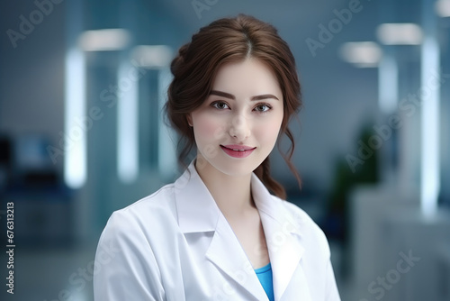 young beautiful female doctor wearing white medical ,happy friendly woman general practitioner nurse posing in hospital office, portrait.