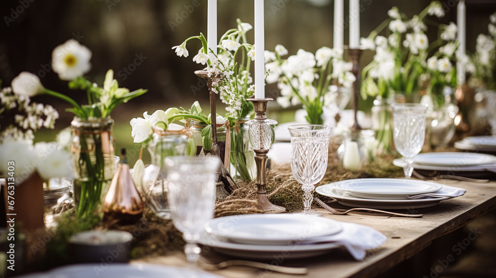 Table decor, holiday tablescape and dinner table setting in countryside garden, formal event decoration for wedding, family celebration, English country and home styling