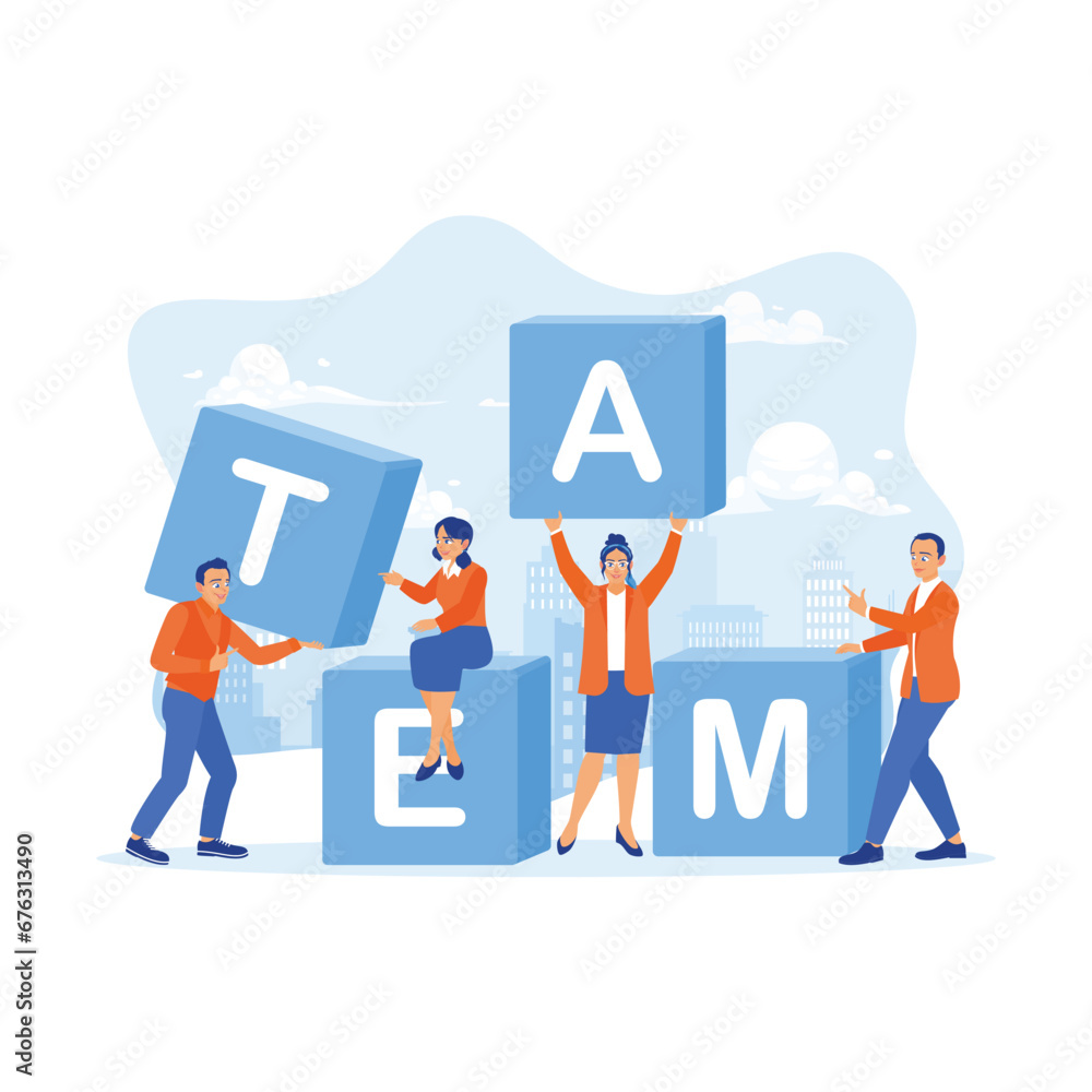 Creative office employee connecting blocks with the word TEAM. The concept of close teamwork. Employee Making concept. trend modern vector flat illustration Creative office employee connecting blocks with the word TEAM. The concept of close teamwork. Employee Making concept. trend modern vector flat illustration
