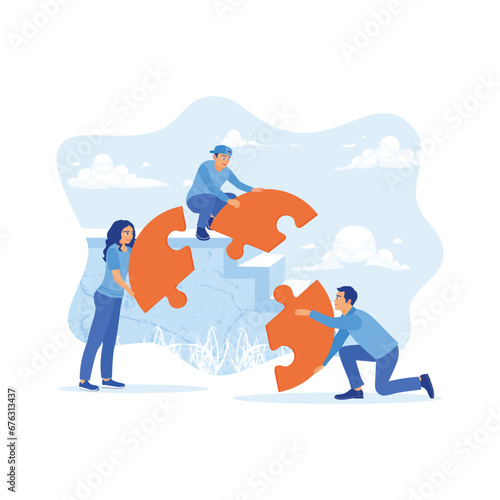 Creative work team connecting puzzles in modern office. Putting together the puzzle correctly leads to success. Employee Making concept. trend modern vector flat illustration