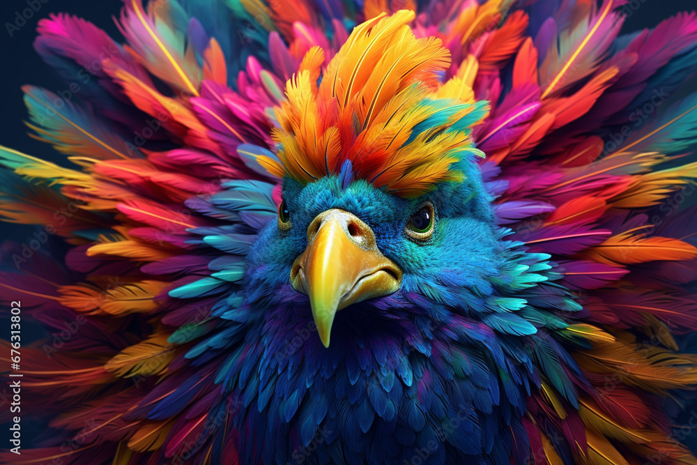 Obraz premium Immerse yourself in the vibrant world of wonder with this creatively crafted illustration showcasing the brilliance of an exotic and colorful bird. Ai generated