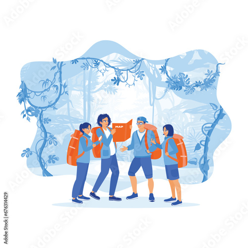 Four young tourists with backpacks on their backs got lost in the forest while on a tourist trip. They discussed and looked for a way to get out of the forest. Tourist Guide concept. 