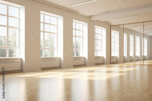 Interior of an empty dance and fitness studio with loft design. photo