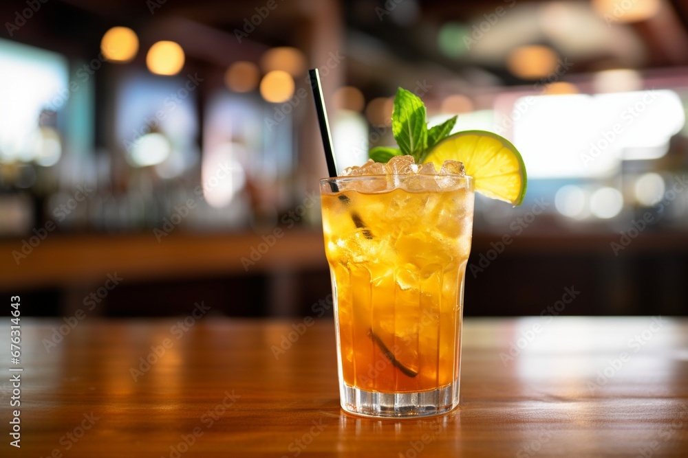 Tropical Elegance: Mai Tai Cocktail Perched on a Bar Counter with a Blurred Bar Backdrop, Invoking the Spirit of Exotic Indulgence Tropical Elegance: Mai Tai Cocktail Perched on a Bar Counter with a Blurred Bar Backdrop, Invoking the Spirit of Exotic Indulgence