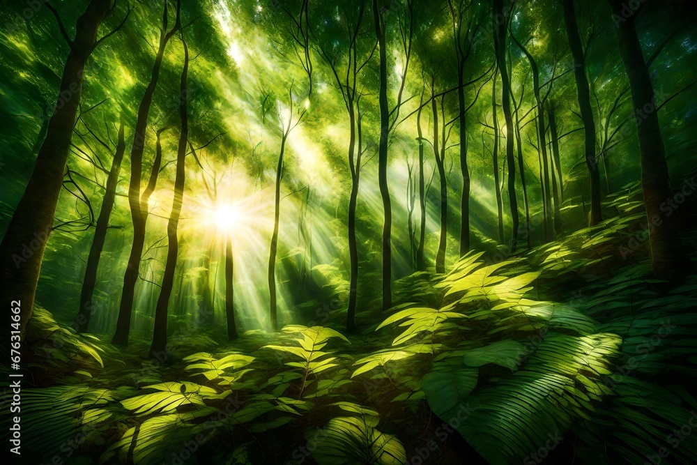 Sunlight filtering through dense forest foliage in an abstract, surreal way.