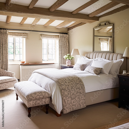 Cottage style bedroom decor, interior design and home decor, bed with elegant bedding and bespoke furniture, English country house or holiday rental