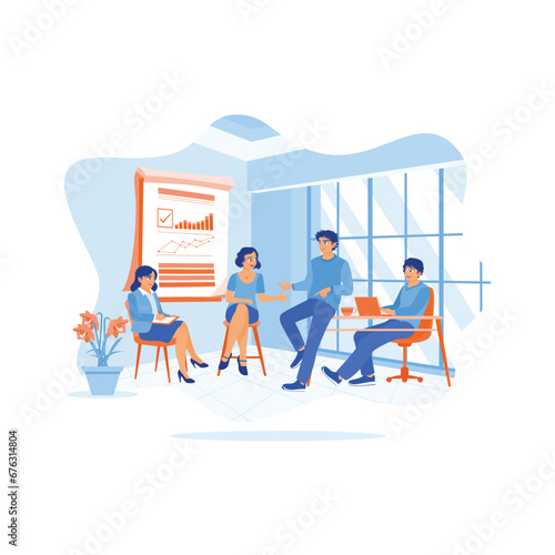 Diverse and happy colleagues are sitting together in the meeting room. Exchange ideas and discuss financial statistics together. Briefings concept. trend modern vector flat illustration