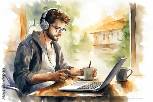 Male software engineer working from home, remote work concept, watercolor 