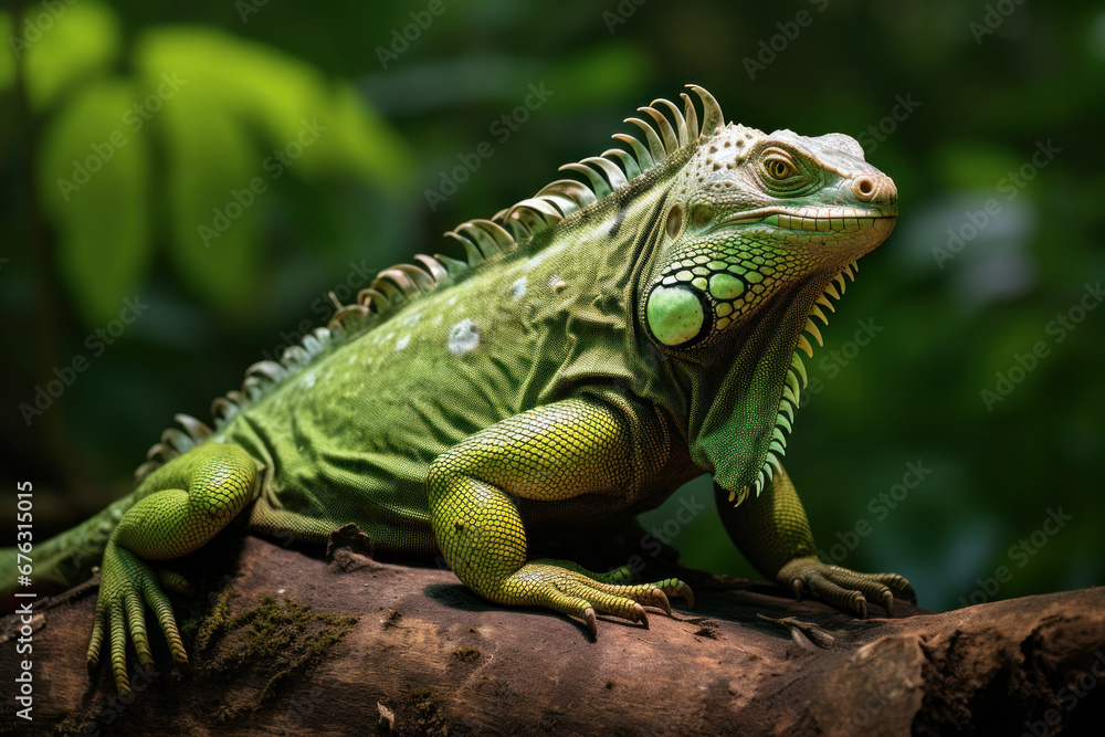 Fototapeta premium A big green iguana lizard in nature.