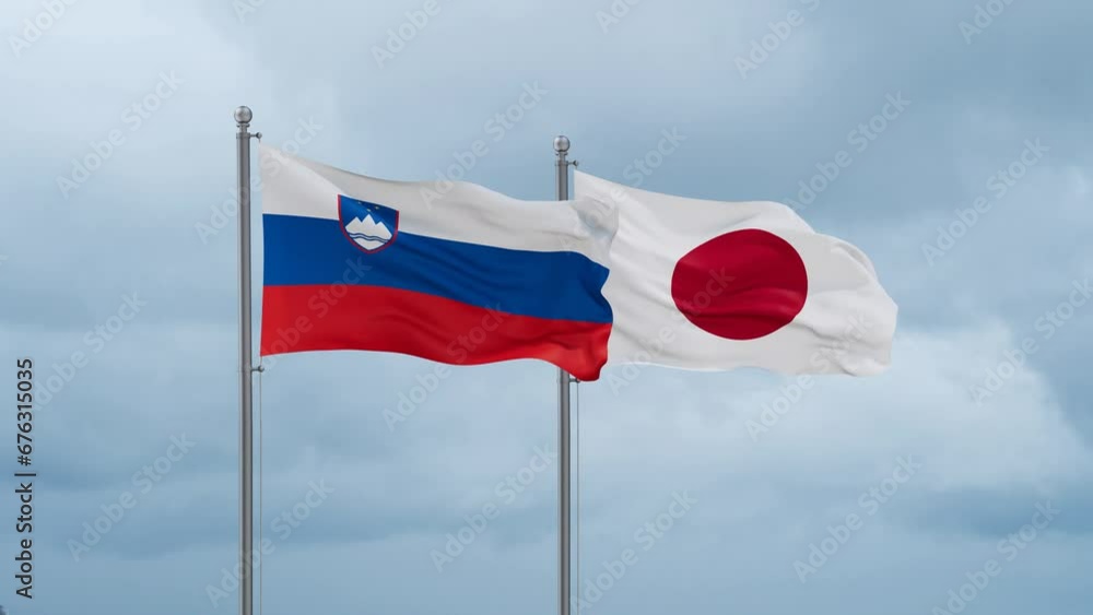 Japan flag and Slovenia flag waving together on cloudy sky, endless seamless loop, two country relations concept Japan flag and Slovenia flag waving together on cloudy sky, endless seamless loop, two country relations concept