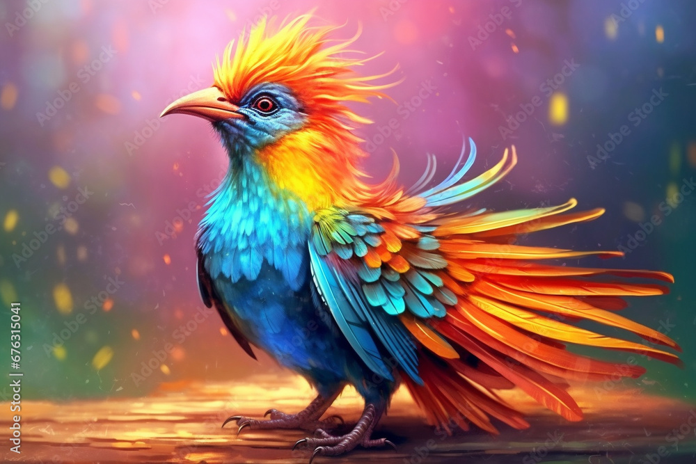Fototapeta premium Immerse yourself in the vibrant world of wonder with this creatively crafted illustration showcasing the brilliance of an exotic and colorful bird. Ai generated