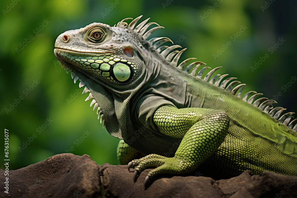 Obraz premium A big green iguana lizard in nature.